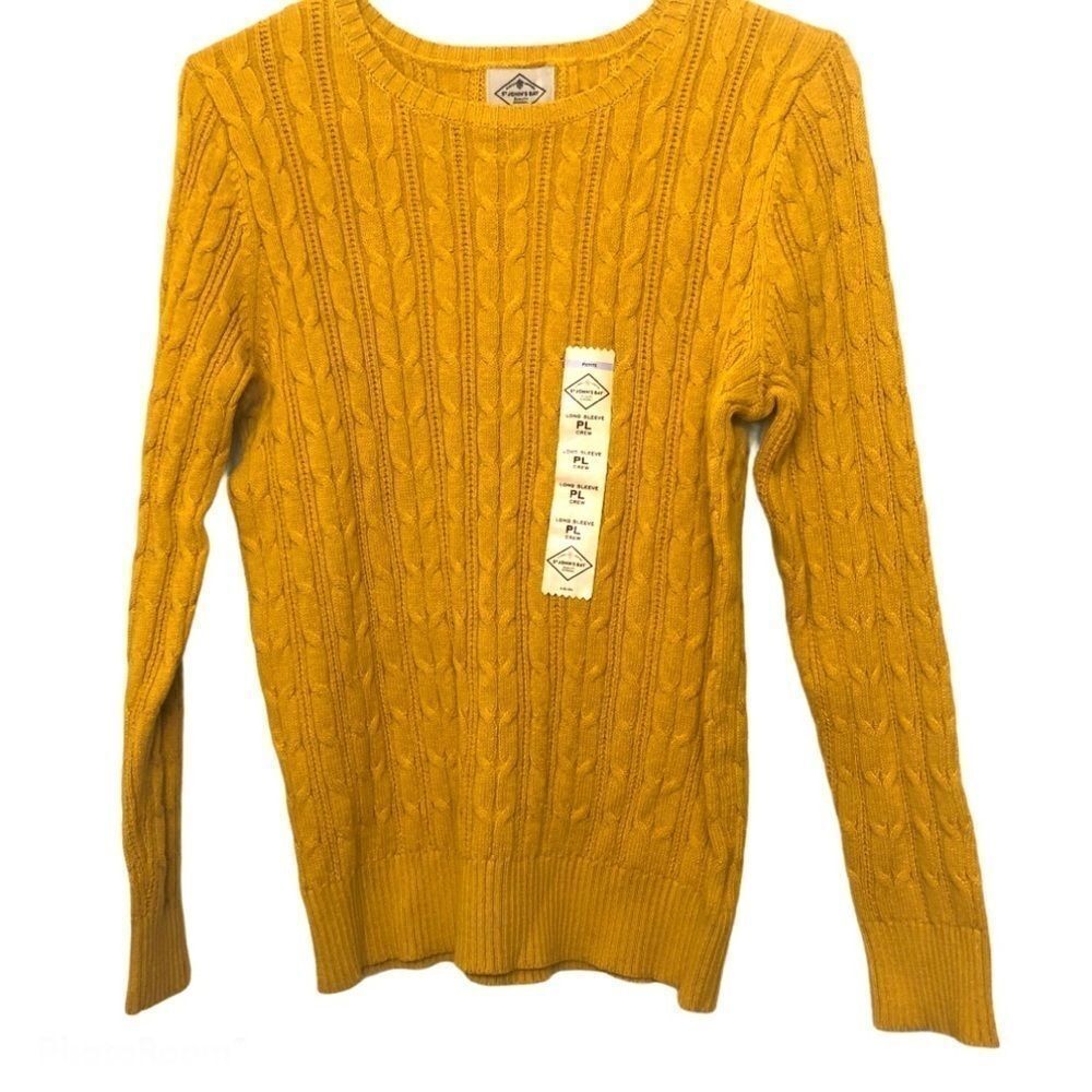 St Johns Bay Cotton mustard marigold yellow cable knit sweater petite large PL